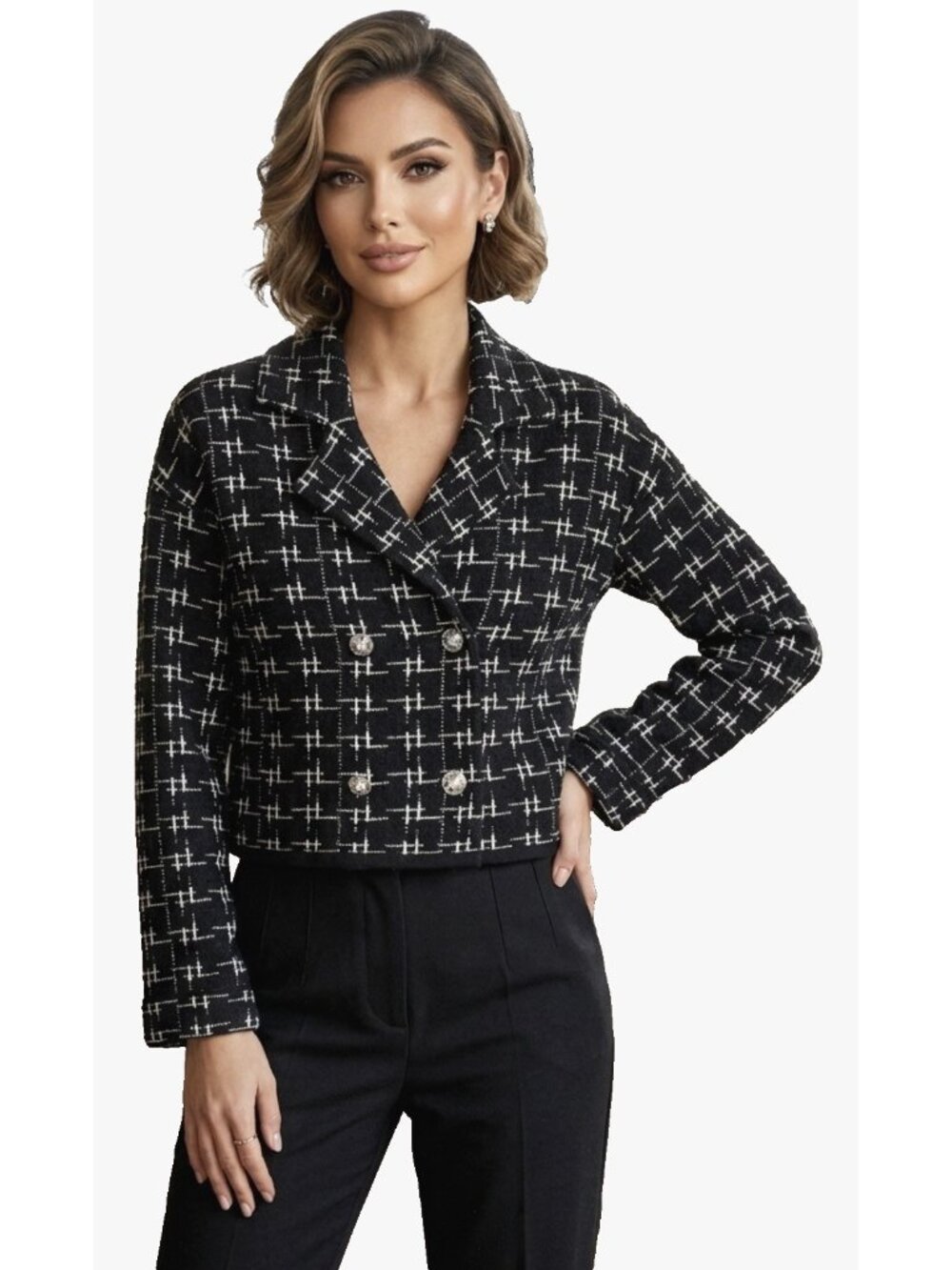 New Zara Black White Grid Metallic Double Breasted Knit Blazer Jacket